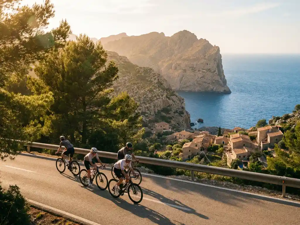 Radgruppe auf einer Küstenstraße in Mallorca mit Kalksteinklippen, türkisem Mittelmeer und terrakottafarbenem Dorf im Goldenen-Stunden-Licht.