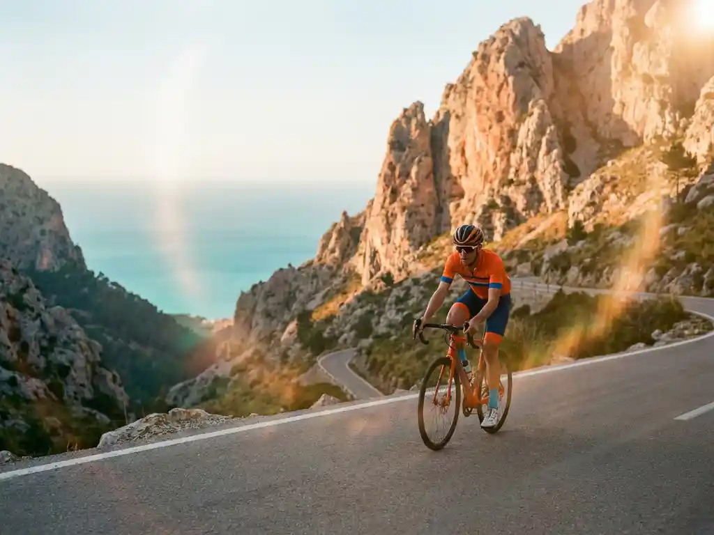 Rennradfahrer in buntem Trikot erklimmt eine Serpentinenstraße in der Serra de Tramuntana mit Kalksteinfelsen und türkisem Mittelmeer.