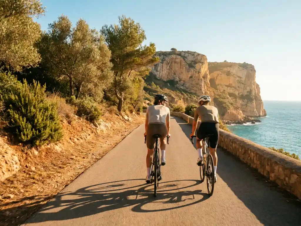 Zwei Radfahrer auf Rennrädern an einer sonnigen Küstenstraße mit Kalksteinklippen und türkisblauem Mittelmeer im Abendlicht.