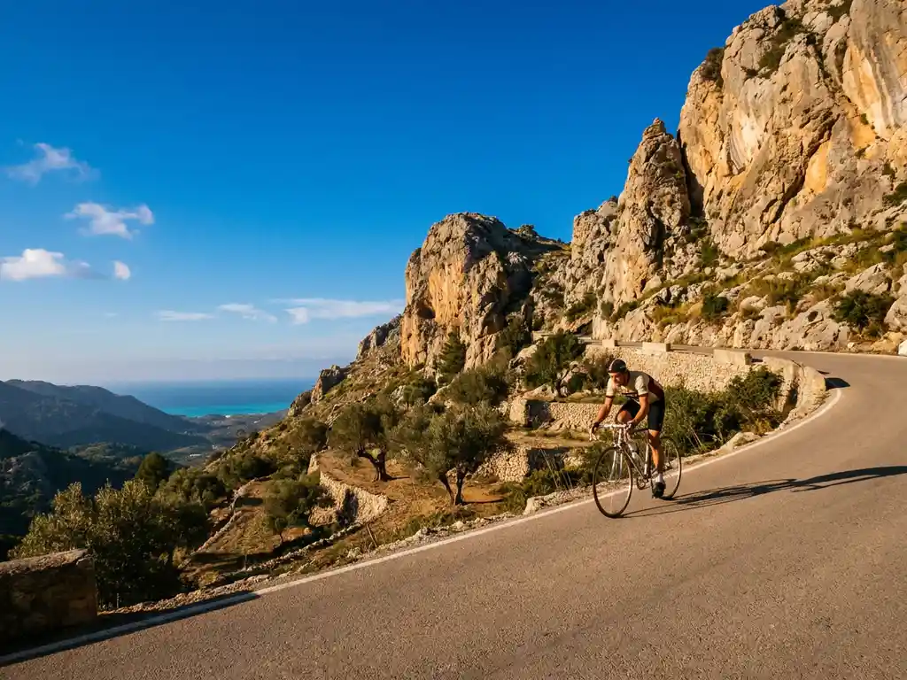 Radsportler erklimmt einen Bergpass auf Mallorca, Kalksteinfelsen und Olivenhaine im Hintergrund, türkisfarbenes Meer in der Ferne.