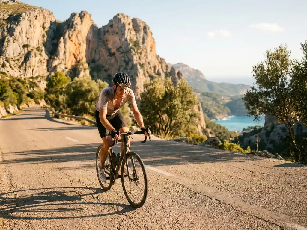 Radfahrer erklimmt sonnenbeschienene Bergstraße in der Serra de Tramuntana auf Mallorca mit türkisem Mittelmeer im Hintergrund.