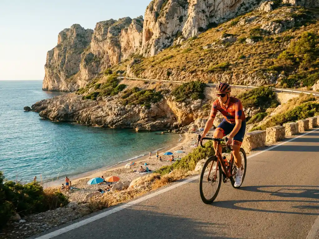 Radsportler in buntem Trikot auf einer Küstenstraße in Mallorca, Kalksteinklippen und türkisblaues Mittelmeer im Hintergrund.