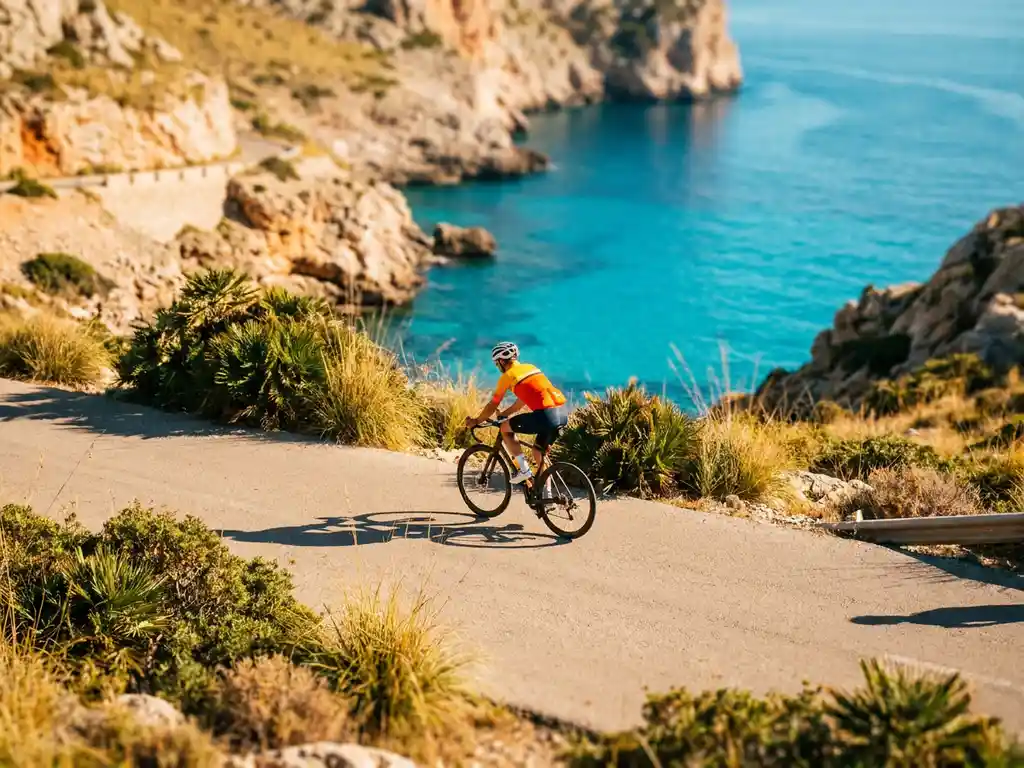 Rennradfahrer in buntem Trikot erklimmt eine Küstenstraße auf Mallorca mit türkisblauem Mittelmeer und Kalksteinfelsen im Hintergrund.