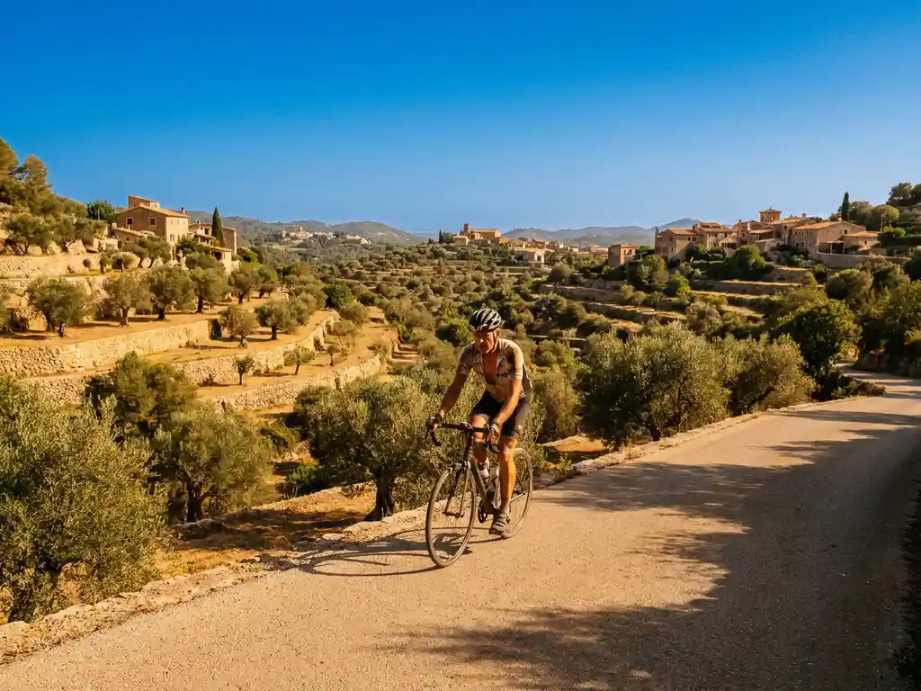 Erfahrener Radfahrer in den Fünfzigern radelt durch goldene Mallorca-Landschaft mit Olivenhainen, Steinterrassen und mediterranem Dorf im Hintergrund.