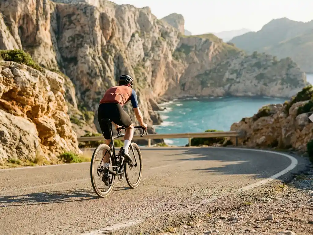 Radsportler in Kurve auf sonnenbeschienener Bergstraße in Mallorca, Kalksteinfelsen der Serra de Tramuntana und türkises Mittelmeer im Hintergrund.