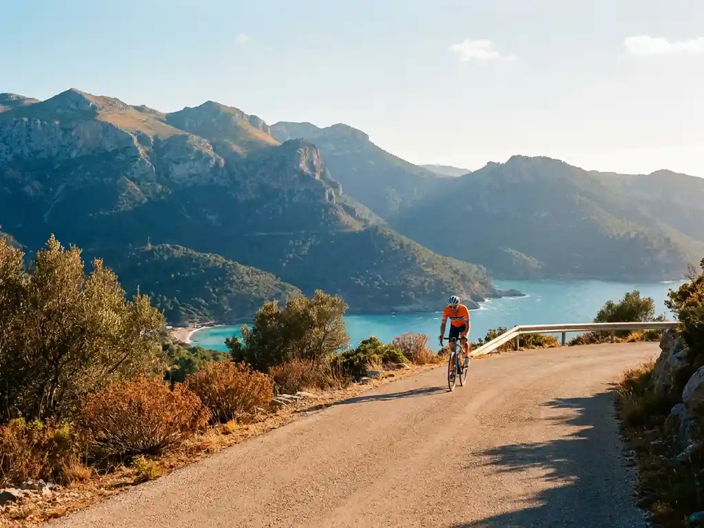 Radsportler in buntem Trikot auf einem Kalksteinpass in Mallorca mit Serra de Tramuntana und türkisem Mittelmeer im Hintergrund.