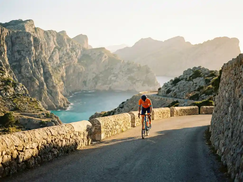 Radsportler in buntem Trikot erklimmt einen Bergpass auf Mallorca, Serra de Tramuntana und türkisfarbenes Mittelmeer im Hintergrund.
