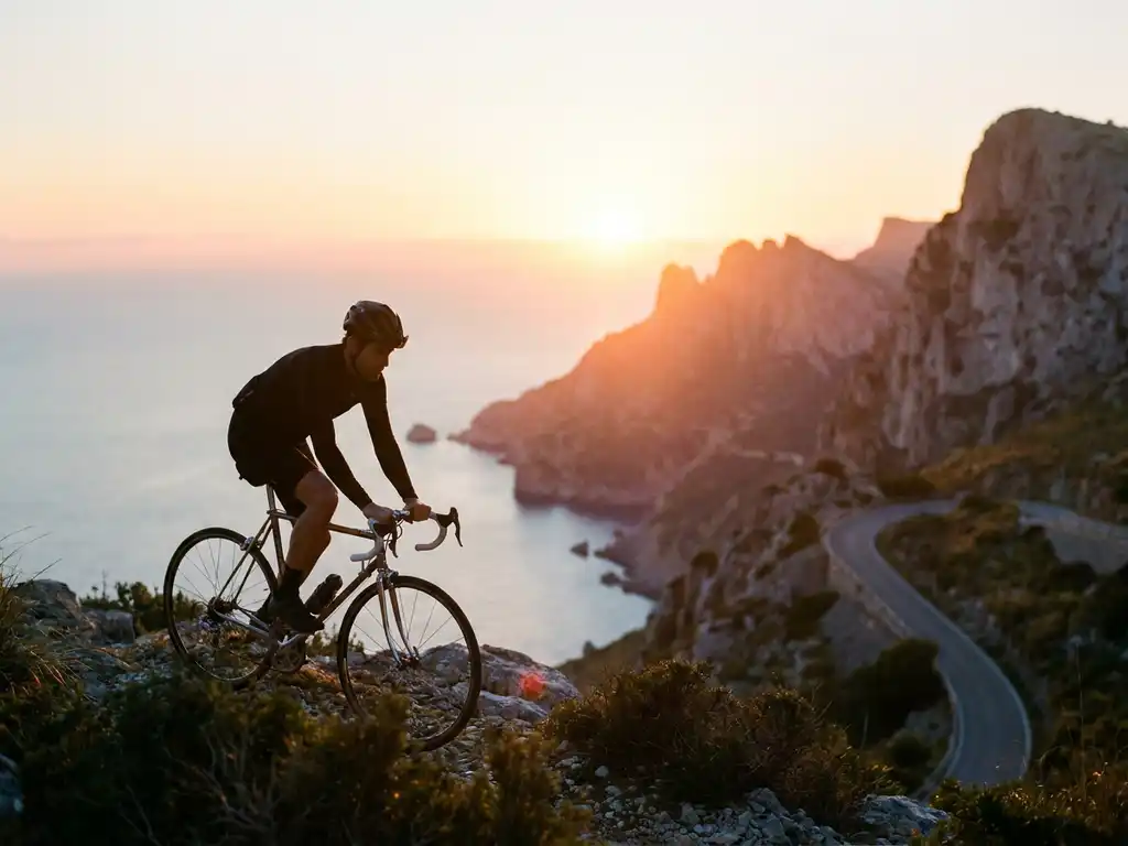 Radfahrer auf dem Gipfel der Serra de Tramuntana in Mallorca, silhouettiert gegen goldenen Sonnenaufgang über dem Mittelmeer.