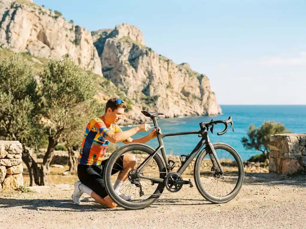 Radsportler in buntem Trikot stellt Sattelhöhe am Carbon-Rennrad ein, Mallorcas Kalksteinklippen und Mittelmeer im Hintergrund.