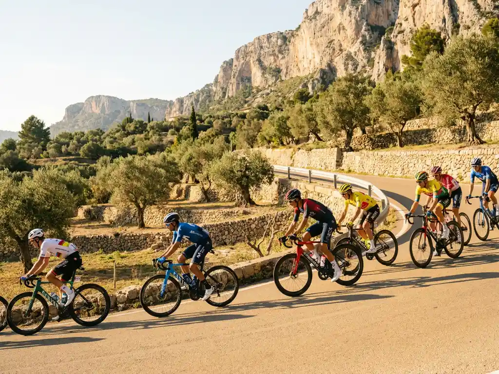 Radsportteam in bunten Trikots erklimmt eine Bergstraße auf Mallorca, Kalksteinfelsen und Olivenhaine im Morgenlicht.