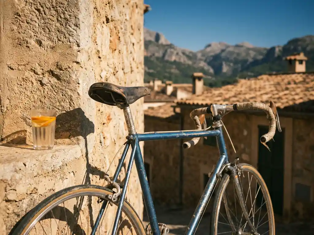 Verwittertes Rennrad an einer sonnenverblassten Steinmauer in einem mallorquinischen Dorf, Terrakottadächer und Kalksteinberge im Hintergrund.