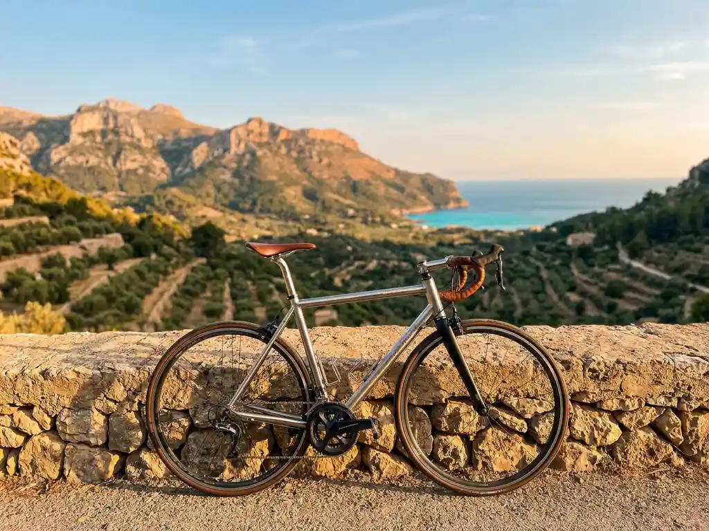 Rennrad an Steinmauer mit Blick auf Serra de Tramuntana, Olivenhaine und türkisfarbenes Mittelmeer im goldenen Abendlicht.
