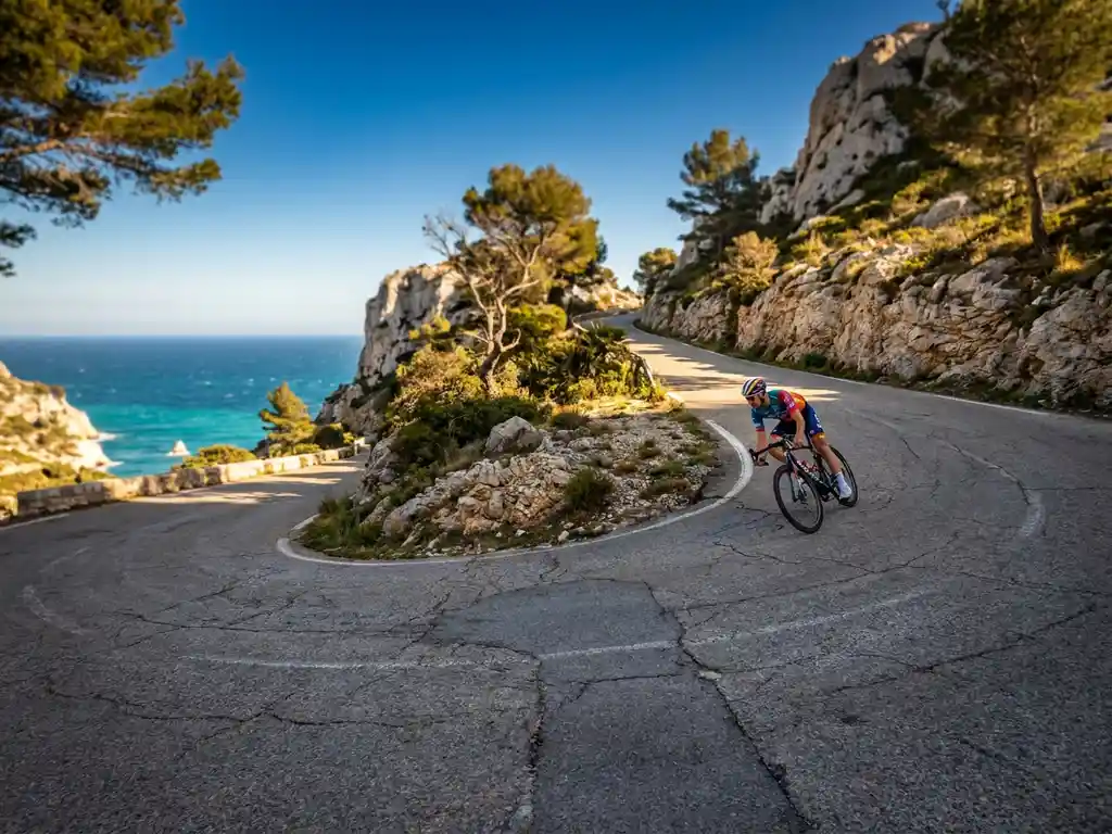 Radsportler in der Abfahrt einer Haarnadelkurve auf einer Küstenstraße in Kalksteinfelsen mit türkisblauem Mittelmeer im Hintergrund.