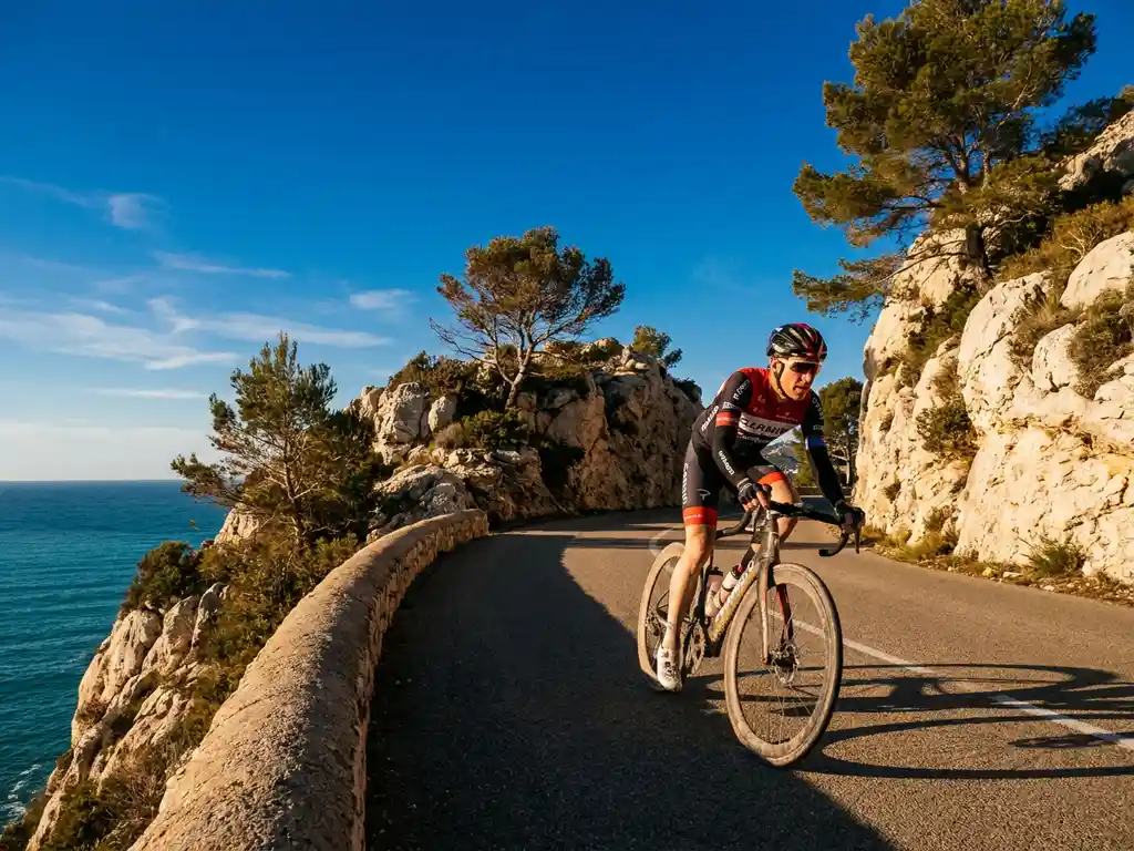 Road cyclist descending a serpentine Mediterranean mountain road with turquoise sea below, limestone cliffs, and golden sunlight.