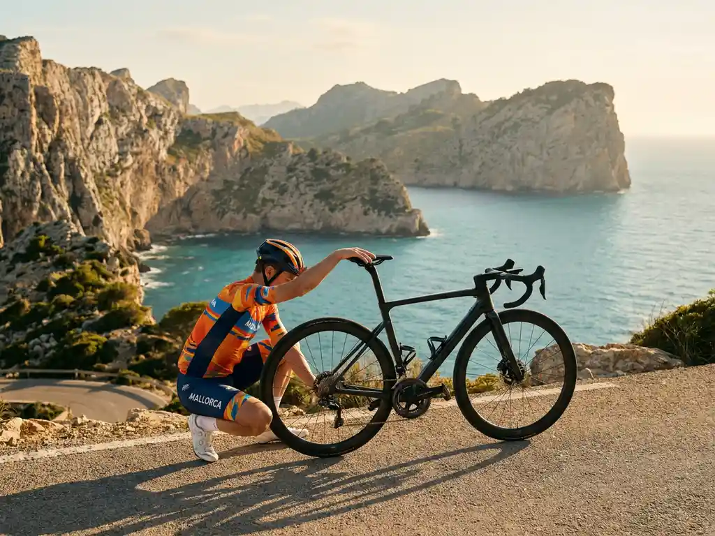 Road cyclist adjusting saddle height on a carbon racing bike along Mallorca's Serra de Tramuntana coast at golden hour.