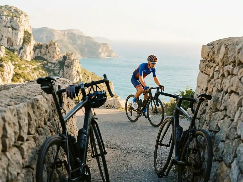 Wielrenner bereikt bergpas in Serra de Tramuntana, met kalkstenen kliffen en turquoise Middellandse Zee op de achtergrond tijdens gouden uur.
