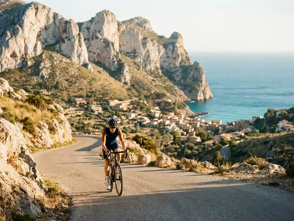Wielrenner bereikt bergpas op Mallorca met kalkstenen kliffen, Middellandse Zee en terracottadorp in gouden avondlicht.