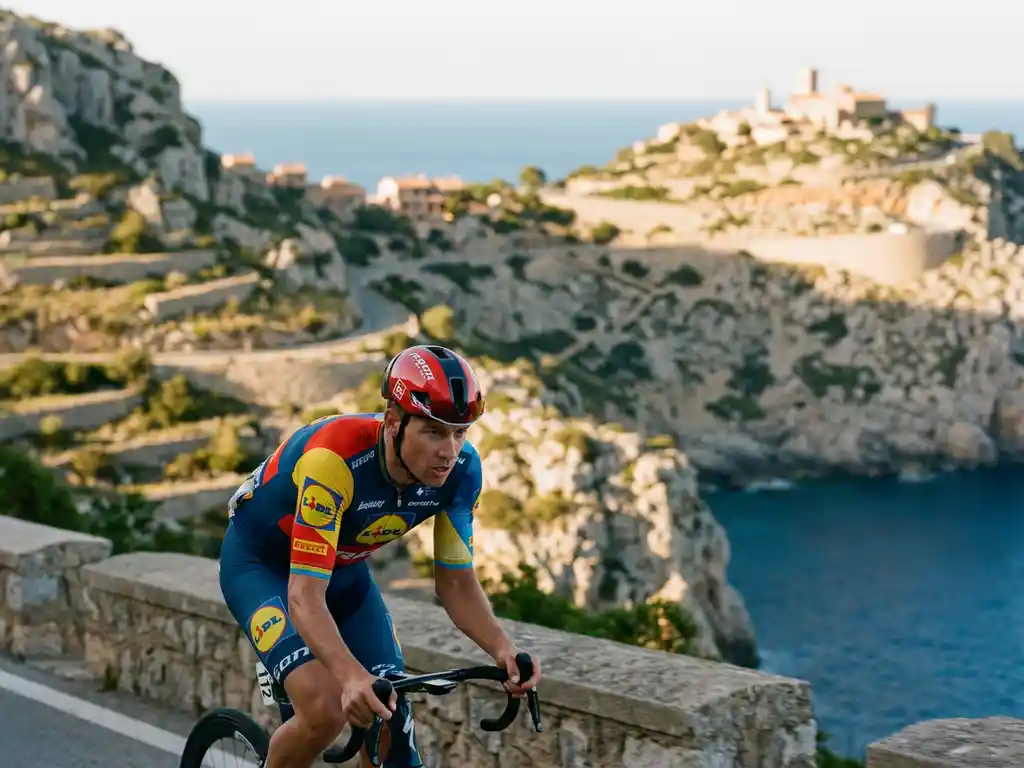 Wielrenner in kleurrijke outfit daalt een zonnige bergpas op Mallorca af, met kalksteenrotsen, Middellandse Zee en wit dorp op de achtergrond.