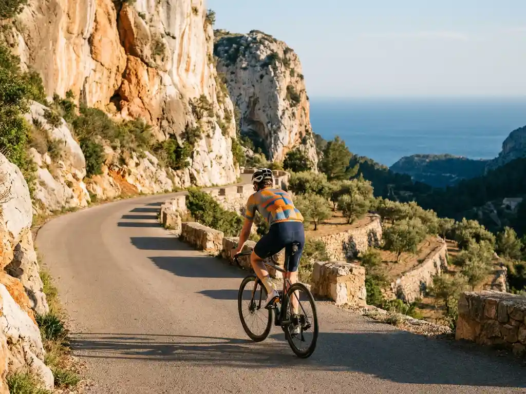 Wielrenner in kleurrijk voorjaarsshirt beklimt een zonnig bergpas op Mallorca, met kalkstenen rotswanden en olijfgaarden op de achtergrond.