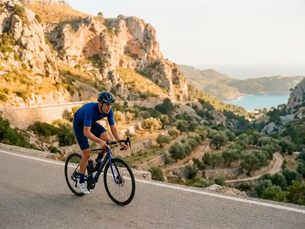Wielrenner beklimt een zonnig bergpas in de Serra de Tramuntana, Mallorca, met kalksteenrotsen, olijfgaarden en de Middellandse Zee op de achtergrond.