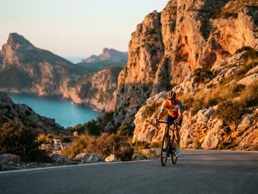 Wielrenner in felgekleurd tricot bereikt bergpas op Mallorca, met kalkstenen Tramuntana-rotsen en turquoise Middellandse Zee op de achtergrond.