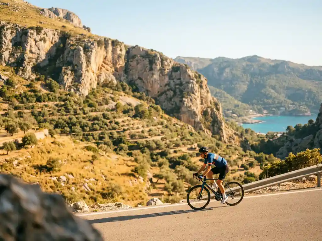Wielrenner beklimt zonnig bergpas in Serra de Tramuntana, Mallorca, met kalkstenen rotswanden, olijfgaarden en turquoise Middellandse Zee op achtergrond.