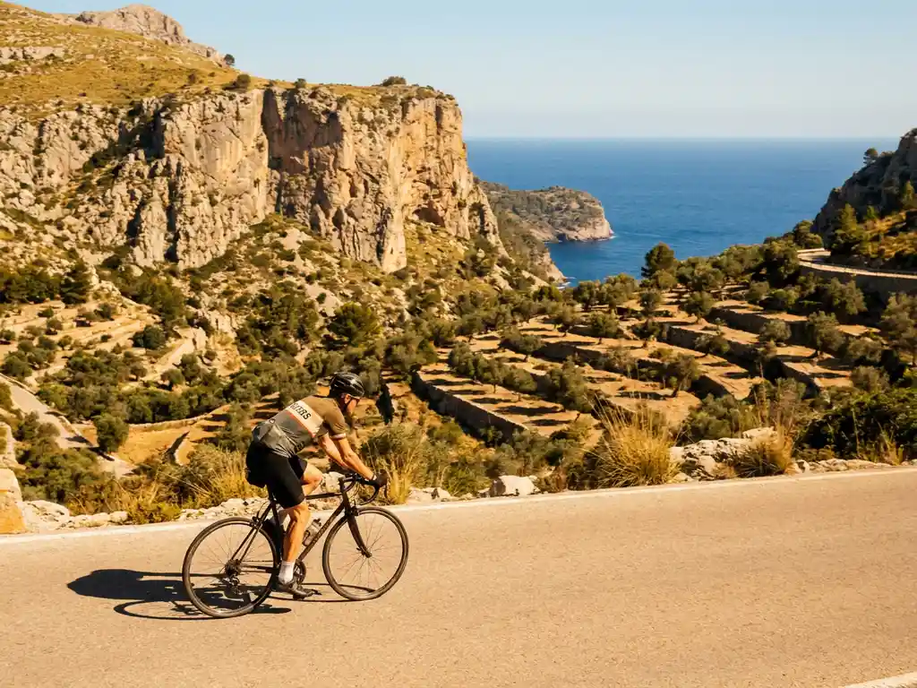 Wielrenner beklimt een zonnig bergpas in de Serra de Tramuntana, Mallorca, met kalkstenen kliffen, olijfgaarden en de Middellandse Zee op de achtergrond.