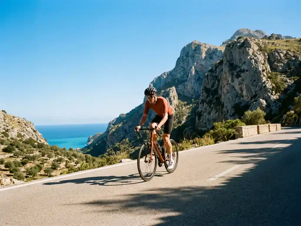 Wielrenner klimt een bochtige bergpas op Mallorca, met kalkstenen rotsen van de Serra de Tramuntana en turquoise Middellandse Zee op de achtergrond.