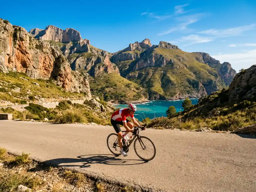 Wielrenner beklimt een zonnige bergpas in Mallorca, met kalkstenen rotsen van de Serra de Tramuntana en turquoise Middellandse Zee op de achtergrond.