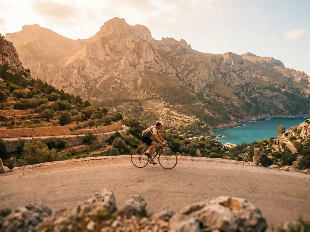 Wielrenner bereikt bergpas op Mallorca, met kalkstenen rotsen van de Serra de Tramuntana, olijfgaarden en de Middellandse Zee op de achtergrond.