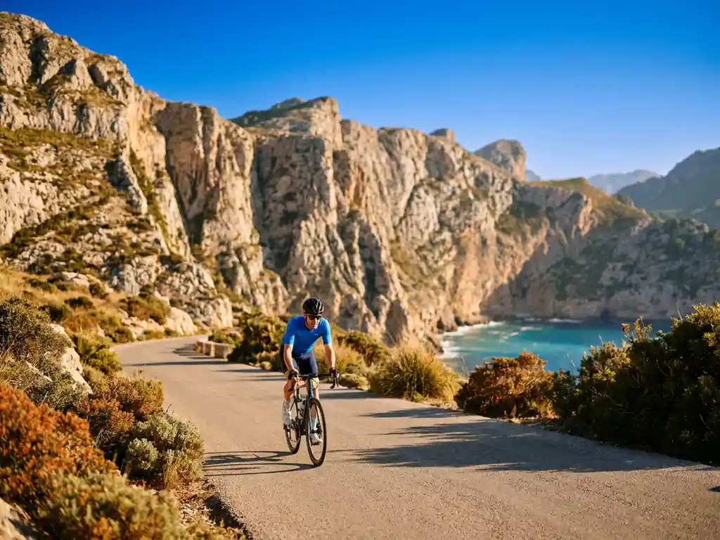 Wielrenner beklimt een zonnig bergpas op Mallorca, met kalkstenen rotsen van de Serra de Tramuntana en turquoise Middellandse Zee op de achtergrond.