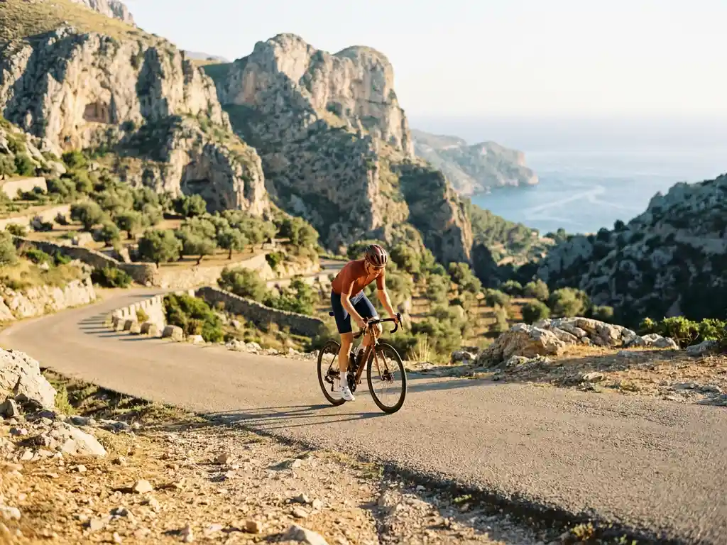 Wielrenner beklimt een bochtige bergpas in de Serra de Tramuntana op Mallorca, met kalkstenen rotswanden en de Middellandse Zee op de achtergrond.