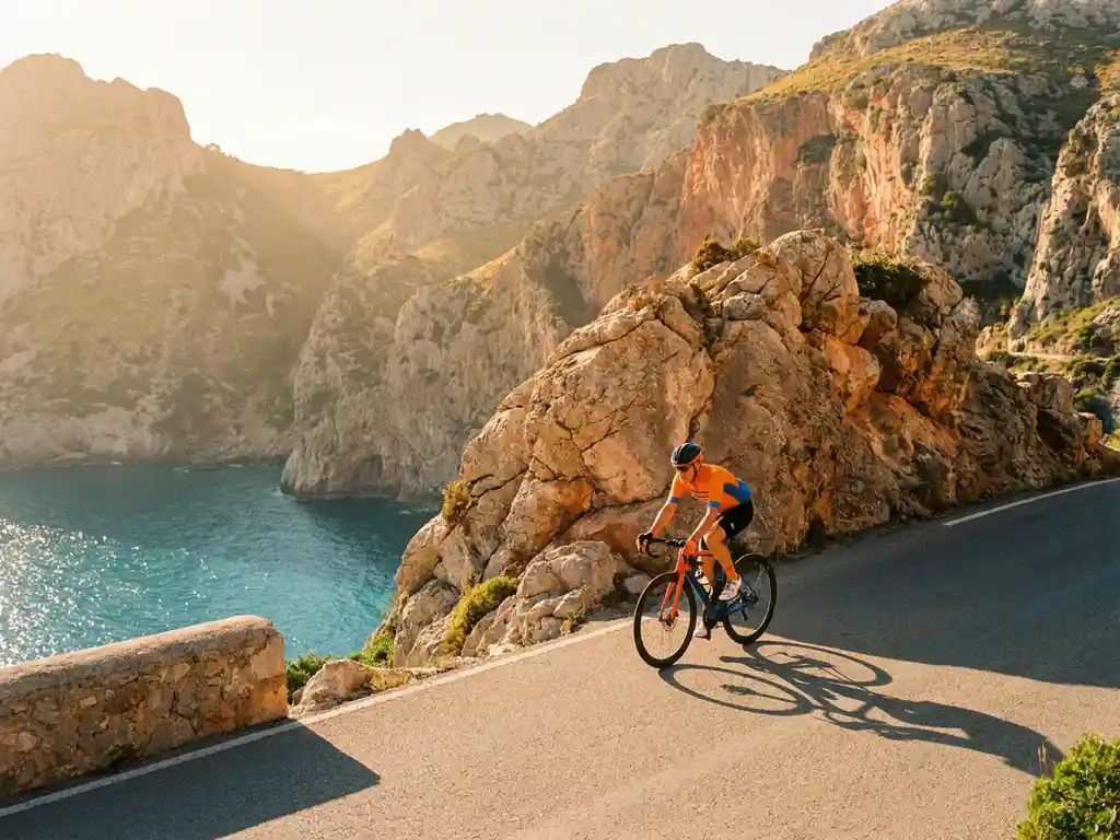 Wielrenner in fel tenue beklimt zonnige bergpas op Mallorca, met kalkstenen rotsen van Serra de Tramuntana en turquoise Middellandse Zee op de achtergrond.