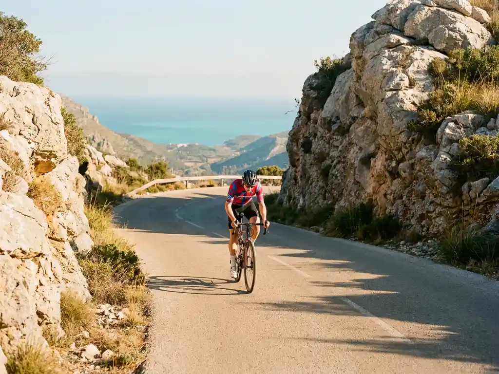 Wielrenner in rood tenue beklimt kronkelende bergweg in Serra de Tramuntana, Mallorca, met turquoise zee en kalkstenen kliffen op de achtergrond.