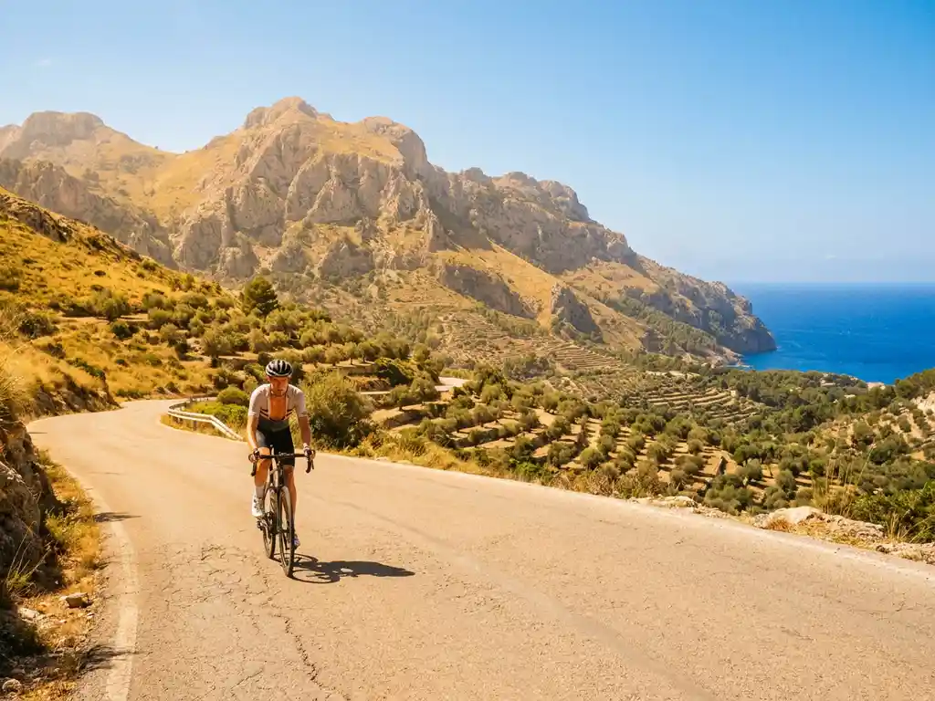 Wielrenner bereikt bergpas in Mallorca met Serra de Tramuntana-kliffen, olijfgaarden en de Middellandse Zee op de achtergrond.