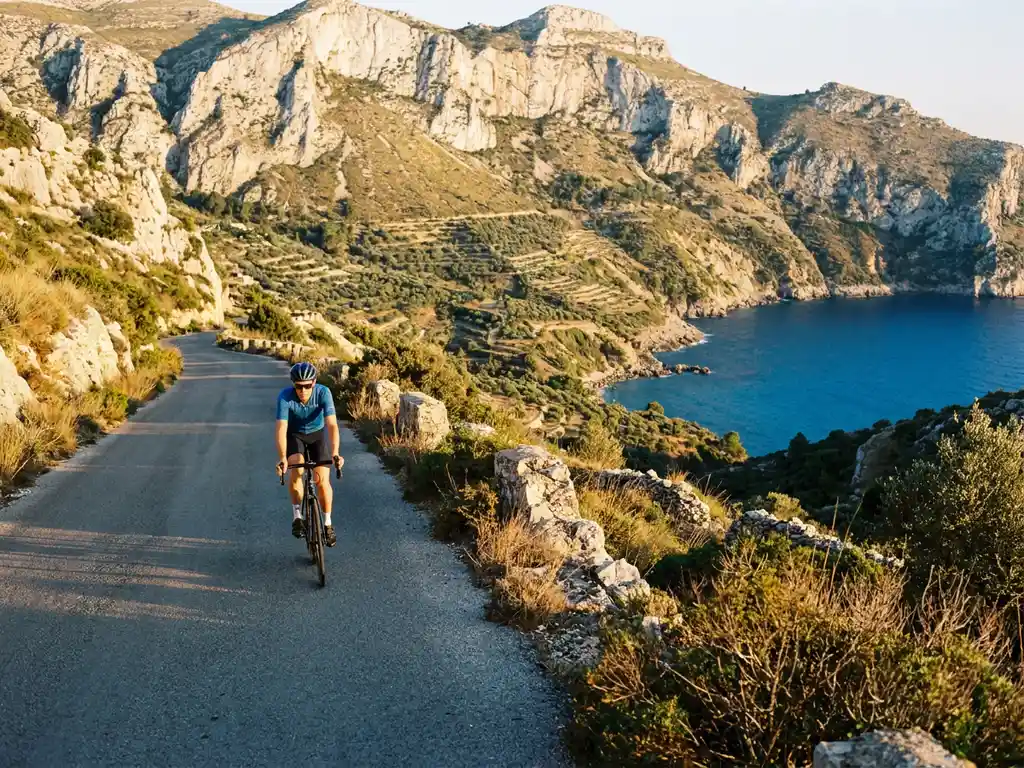 Wielrenner beklimt een bergpas in de Serra de Tramuntana op Mallorca, met kalksteenrotsen, olijfgaarden en de Middellandse Zee op de achtergrond.
