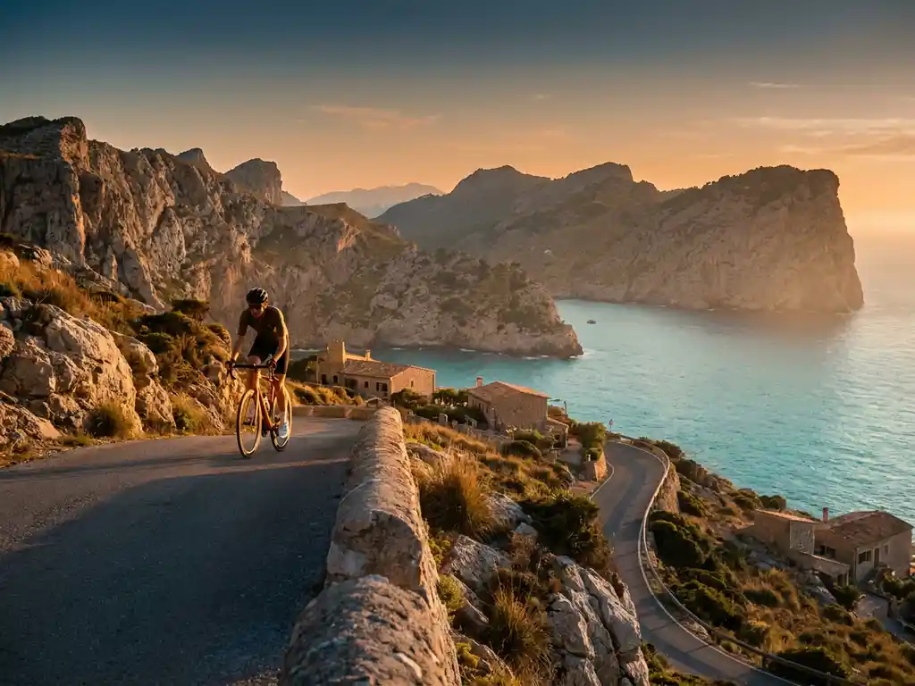 Wielrenner bereikt bergpas in Mallorca met Serra de Tramuntana-kliffen en turquoise Middellandse Zee op de achtergrond.