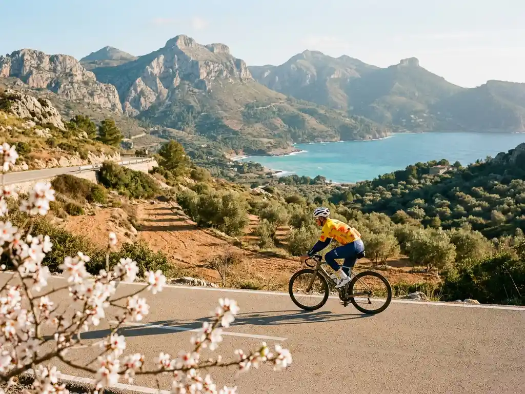 Wielrenner in felgekleurde outfit beklimt een zonnige bergpas op Mallorca, met kalkstenen rotsen van de Serra de Tramuntana en turquoise zee op de achtergrond.