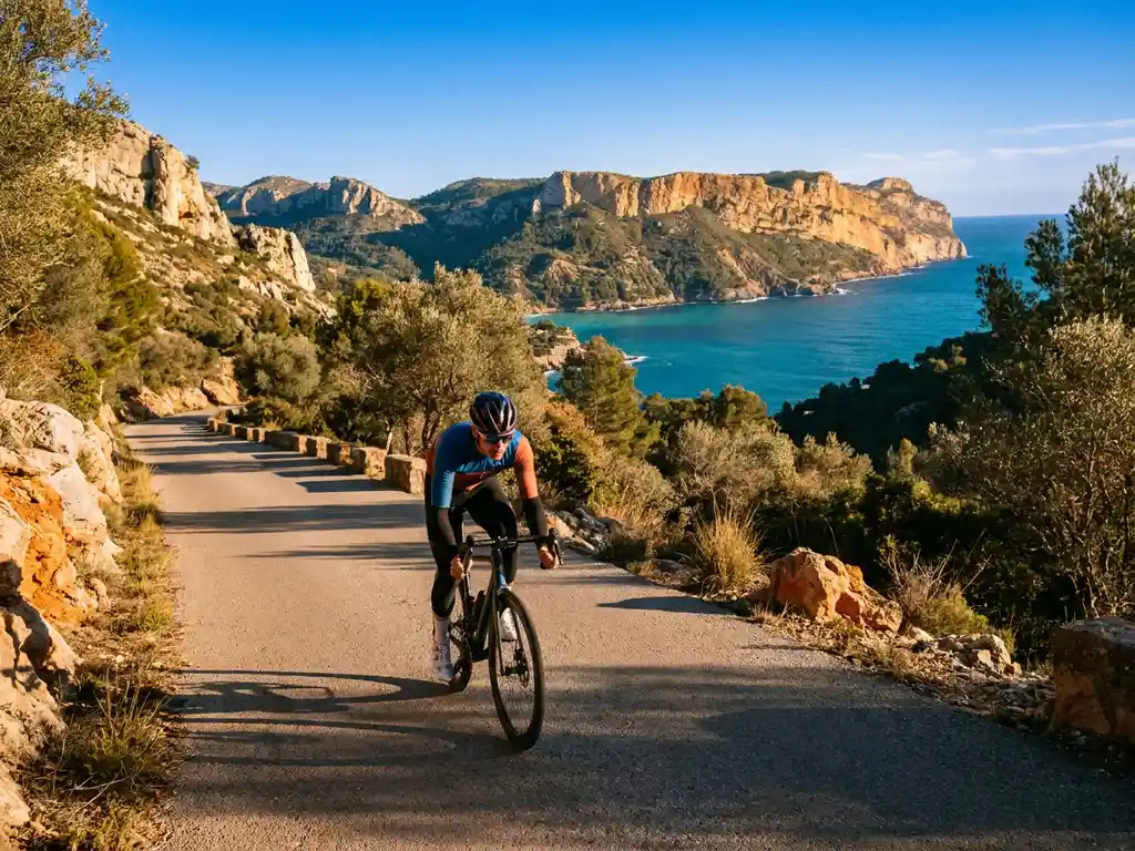 Wielrenner daalt de bochtige bergpas Sa Calobra in Mallorca's Serra de Tramuntana, met turquoise Middellandse Zee op de achtergrond.