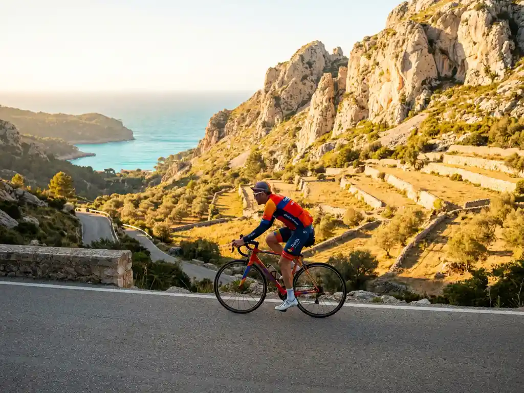 Wielrenner in fel shirt beklimt een bergpas op Mallorca, met kalkstenen rotsen van de Serra de Tramuntana en turquoise zee op de achtergrond.