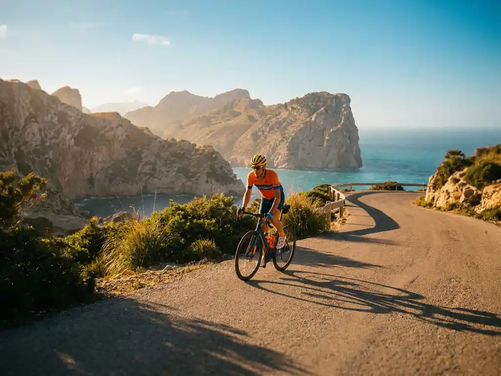 Wielrenner in felle outfit bereikt bergpas in Serra de Tramuntana, Mallorca, met kalkstenen rotsen en turquoise Middellandse Zee op de achtergrond.