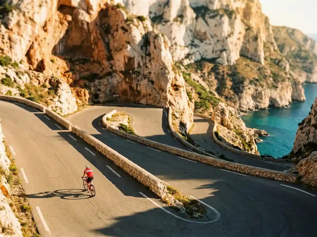 Wielrenner beklimt de bochtige Sa Calobra-bergweg op Mallorca, omringd door kalkstenen rotswanden en turquoise Middellandse Zee.